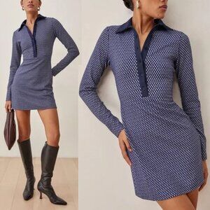 Reformation Kurtis Dress Size XS Navy Gray Geometric Sweater Knit Retro Collar